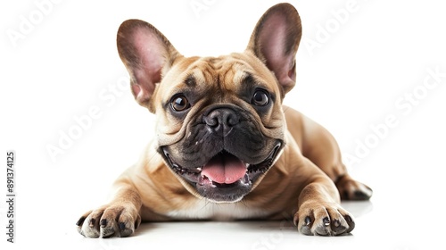 A French Bulldog with a playful expression, isolated on a white background.