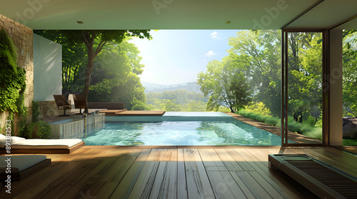 swimming pool in a luxury house ,Beautiful outdoor swimming pool with relax zone at club house of luxury village in evening ,Wood Table Top Of The Background And Pool 