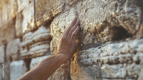 Touching the ancient stone wall, close up hand in sunlight, tactile human experience with historic architecture, ancient architecture concept