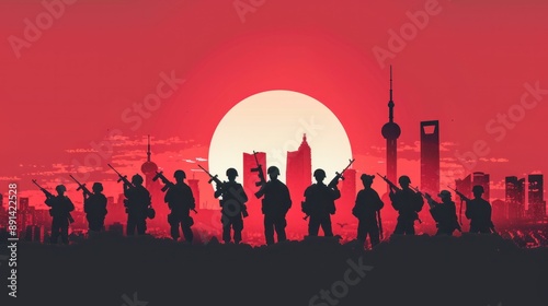 Simple illustration for china army day with a soldiers silhouettes.