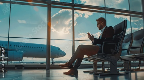 Business man using mobile phone to book plane ticket through online application, sitting on travel checking travel time on board at airport, travel, payment, due, booking, online, check in