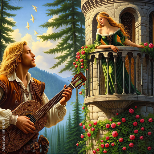 A minstrel serenades a fair maiden who leans over the balcony of a tower. She listens dreamily, surrounded by blooming roses that adorn the tower. Medieval attire. Serene landscape. Generative AI