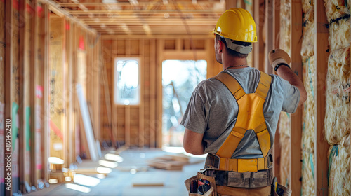 Construction Worker Installing House Wall Insulation in New Home, Home Insulation Installation, Energy Efficiency, Building Renovation, Residential Construction, Worker in Action, Insulation Process