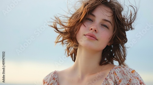 A woman in a summer dress, her hair gently blowing as she stands against a white background, capturing a breezy day