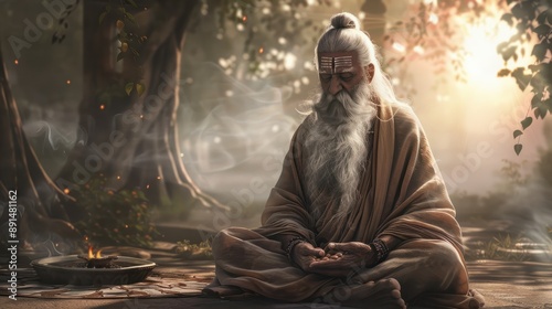 Illustration for Guru Purnima with sage Vyasa in meditation