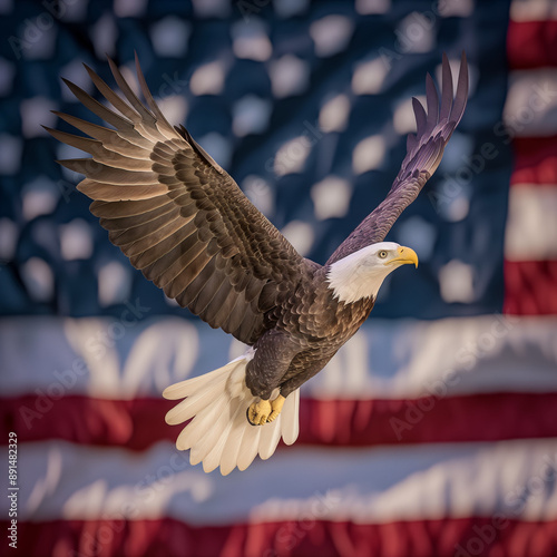 Ultra-realistic image of an eagle soaring against the backdrop of the American flag, capturing the patriotic spirit and celebration of Independence Day