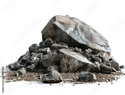 Pile of large rocks and rubble with a white background. Perfect for construction, landscape, or geology projects and presentations.