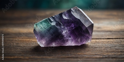 A pure fluorite mineral on old wooden background, blurred background.