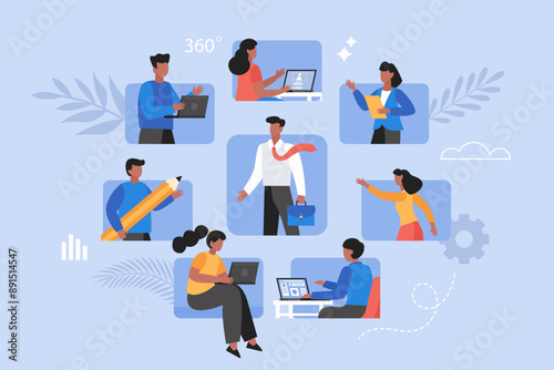 360 degree feedback business concept. Modern vector illustration of people evaluating employee and giving anonymous opinions