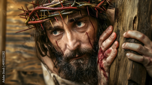 Jesus Christ, the Son of God, walking the earth while carrying His cross and wearing a crown of thorns in great pain and suffering, because of the evil humanity has caused.