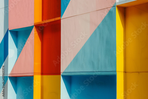 Colorful geometric abstract wall with vibrant triangular and rectangular patterns, creating a modern and artistic background.