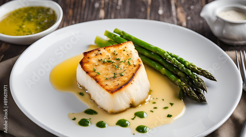 Pan-seared Chilean sea bass served with a rich beurre blanc sauce and fresh asparagus spears, adding a touch of freshness to this elegant dish.