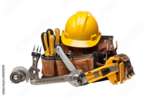 Construction worker with safety helmet and tool belt holding wrench Isolated on white background