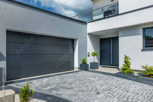 Minimalistic, gray and white house exterior with a dark garage door and neat entrance, surrounded by manicured plants.