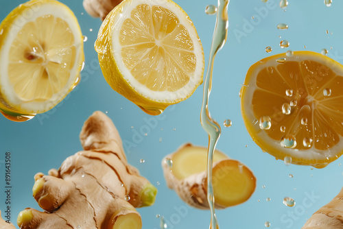 Lemon halves and slices flying in the air with ginger, pouring honey splash against blue background, diet nutrition and health concept background.