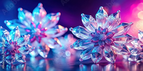 Close-up of peculiarly shaped crystal formations resembling flowers on a bright abstract blue and pink background, crystals