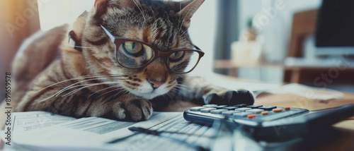 A tabby cat with glasses stares down intently at a calculator on a paper-lined desk, adding a touch of humor to a serious task-oriented setting.