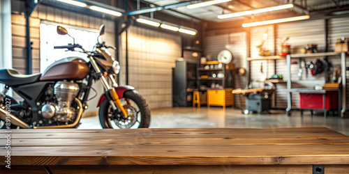 Wooden table blank space with Abstract Blurred of motorcycle in the garage shop