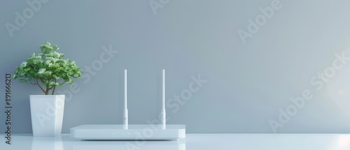 A white router sits on a table next to a potted plant