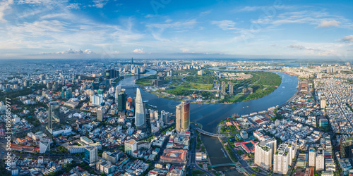 Aerial panorama skyline view of Ho Chi Minh city, Saigon during beautiful day. Metropolis background in Asia