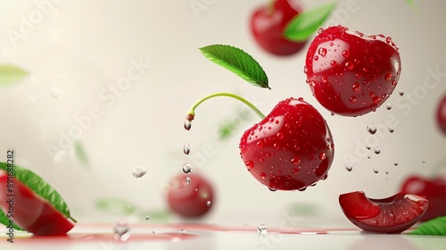 Fresh red cherry with water drops falling, seasonal dessert fruit in realistic photo