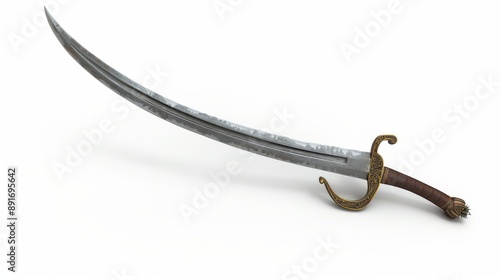 Highquality photo of a pirates curved cutlass sword on a white background. Historical events isolated on white. Photo realistic photo.