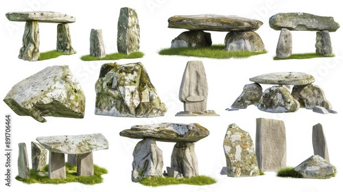 Graphical collection of dolmens and megaliths isolated on white background. Geological formations isolated on white. Photo realistic photo.