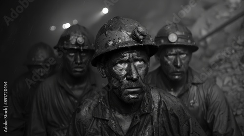 Coal miners covered in soot emerge from a mine shaft, their faces illuminated by the dim light of headlamps