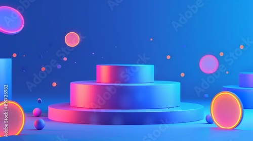 Illustration of a podium stage, featuring round platforms adorned with percentage and flash symbols, set against a dynamic blue backdrop. Ideal for discount offers and sales promotions.