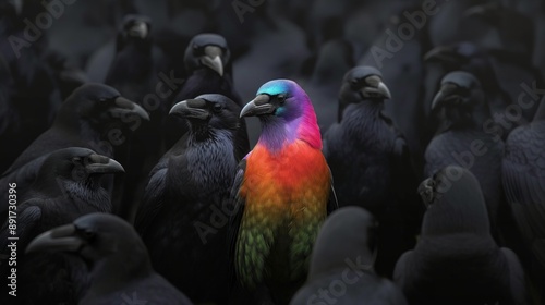 Brightly colored bird in a crowd standing out from a flock of black identical birds