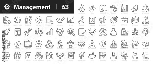 Management icons set. Business and management 60 outline icons collection. Mission, teamwork, values, strategy, organization, communication, human resource - stock vector.