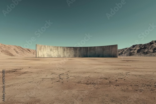 A hightech cricket ground set in a dystopian desert with a jumbotron in an ultramodern, supernatural scene, with copy space