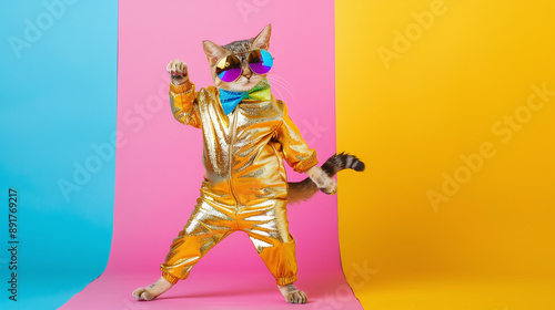  a cat in an 80s disco ensemble, wearing a shiny gold jumpsuit, a colorful bowtie, and tiny sunglasses.