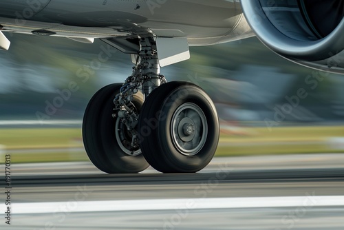 Primer plano del tren de aterrizaje de un avión tocando la pista en el aterrizaje, destacando la precisión y tecnología en la aviación moderna