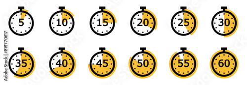 Timer and stopwatch icons set vector. Cooking time symbols and labels. Kitchen timer icon with different minutes.