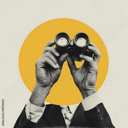 Surreal Collage of Businessman Using Binoculars with Yellow Circle