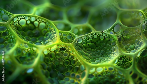 Plant cell structure, vibrant green, microscopic view, detailed textures