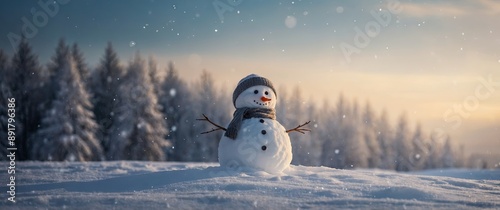 Background with snowman standing in snow on blurred winter snowy background Christmas and New Year mood.