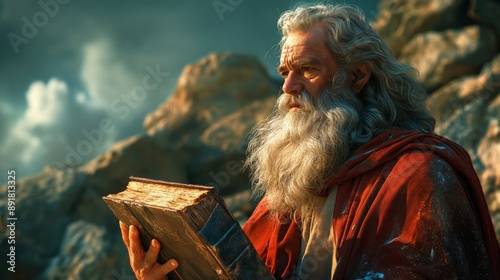 Moses holding the stone tablets with the 10 commandments, Bible story