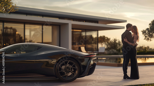 Man and woman embraced, with a luxurious house and a sleek black sports car in the background.