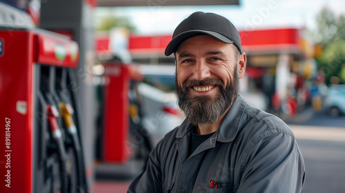 Middle-aged man with a beard, gas station employee in gray uniform and cap, smiling at the camera with a luxurious car and fuel pumps in the background.