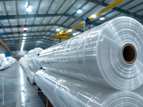 Rolls of polyethylene sheets stacked neatly in a warehouse, showcasing their practical packaging and applications.