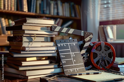 A stack of film studies books and film production notebooks, with a clapperboard and film reels on a film director's desk.