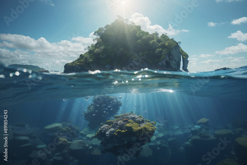 Stunning Tropical Island and Coral Reef Underwater View