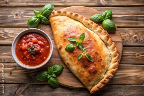 Top down view of calzone with a side of marinara