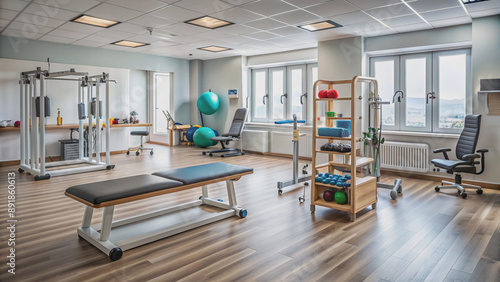 Empty physiotherapist room with rehabilitation equipment, dumbbells, and medical tools, awaiting senior patient's physical therapy session for injury recovery and fitness improvement.