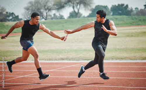 Relay, race and men on track with partnership for speed challenge, teamwork event and sports at arena. Synergy, collaboration and athlete group in running competition, fitness and support at stadium