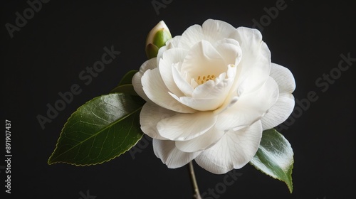 Subtle contrasts of white camellia on black background viewed from the side