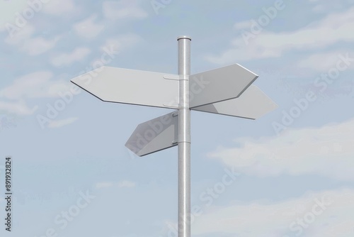 A street sign with three white arrows pointing in different directions