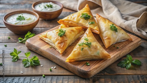 Delicious triangular filo pastry pies filled with savory Greek cheese, served with a side of creamy yoghurt sauce on a rustic wooden board with baking paper.